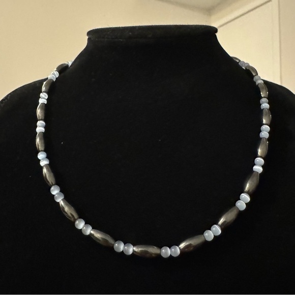 ✨2 for $30✨ Hematite, Pale Blue Cat’s Eye Gemstone Necklace / Wrap Bracelet - Picture 8 of 10
